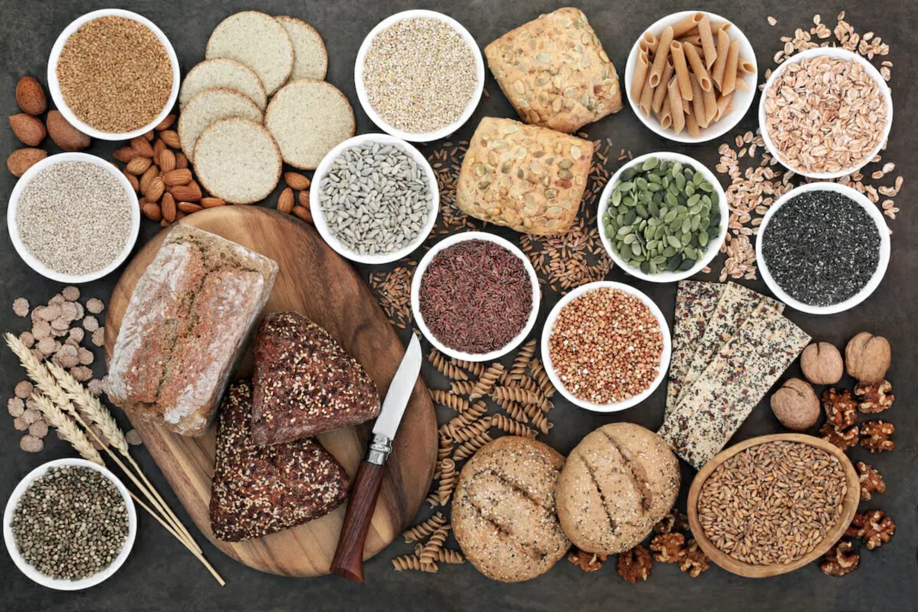 High fibre health food with whole grain bread and rolls copy